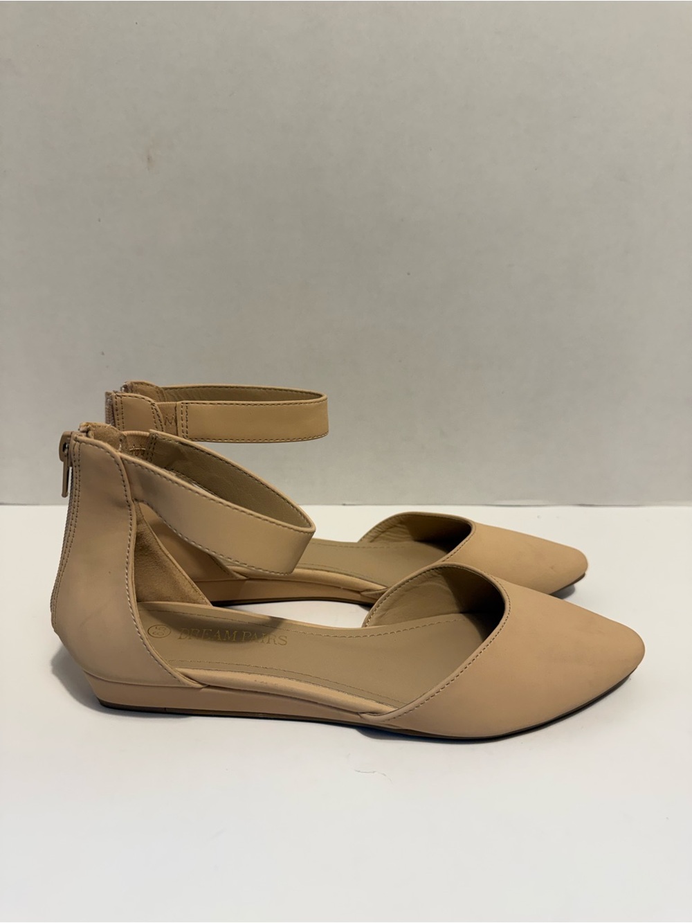 Dream Pairs beige pointed toe ankle strap zip ballet flats womens 8.5